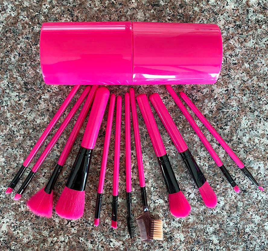 12 Piece Professional Makeup Brush Set with Travel Case Pink