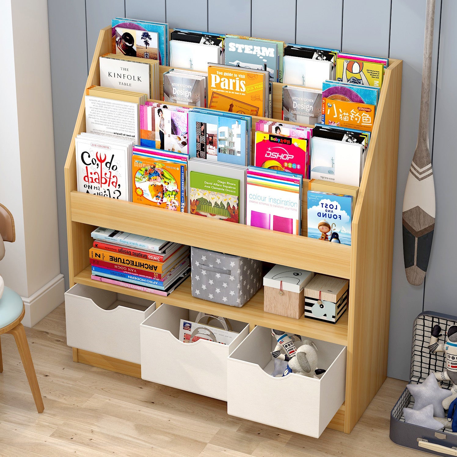 Spacious Multi-tier Bookcase Storage Shelf with Organisers Oak