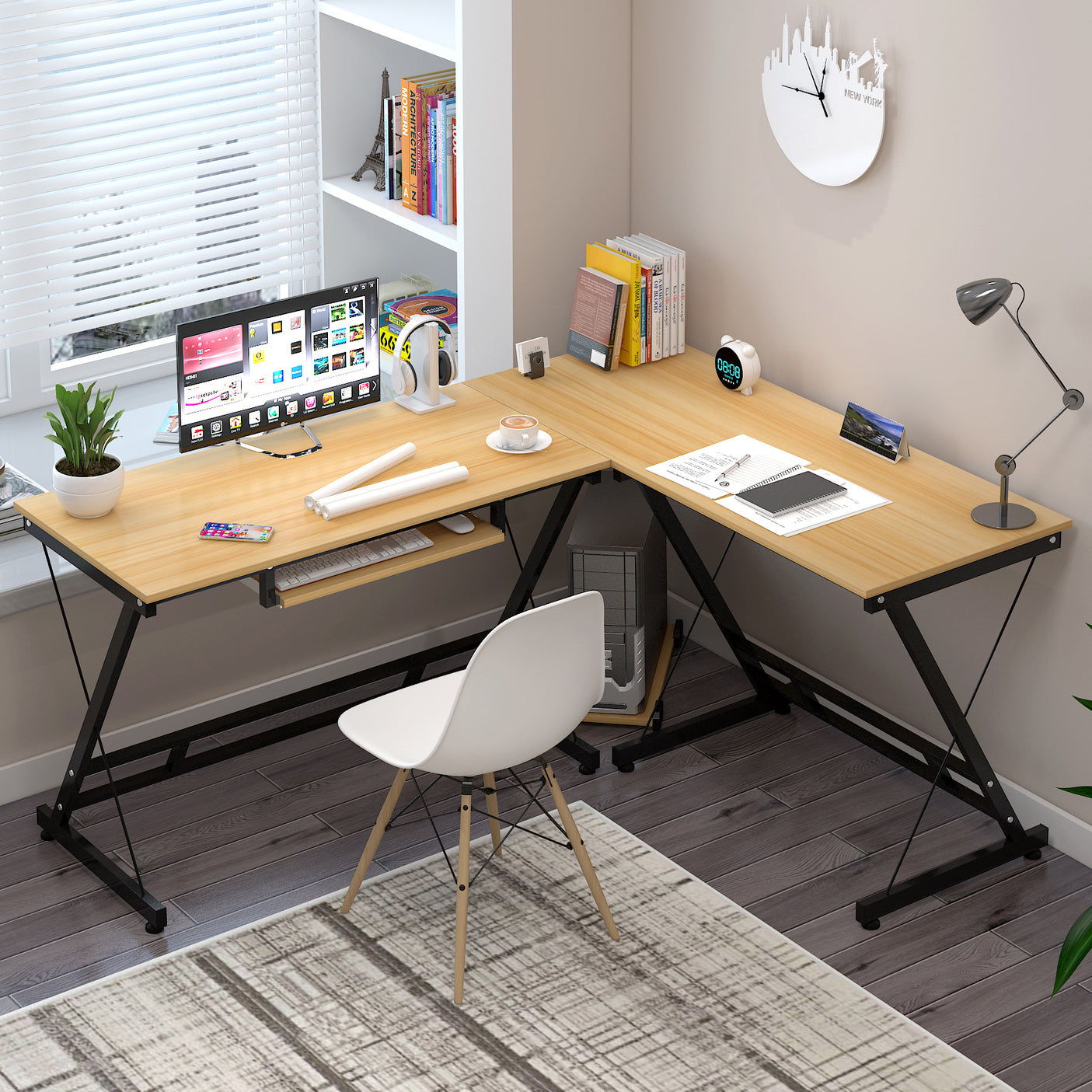 Large Double Workstation Corner Desk for Home Office Oak