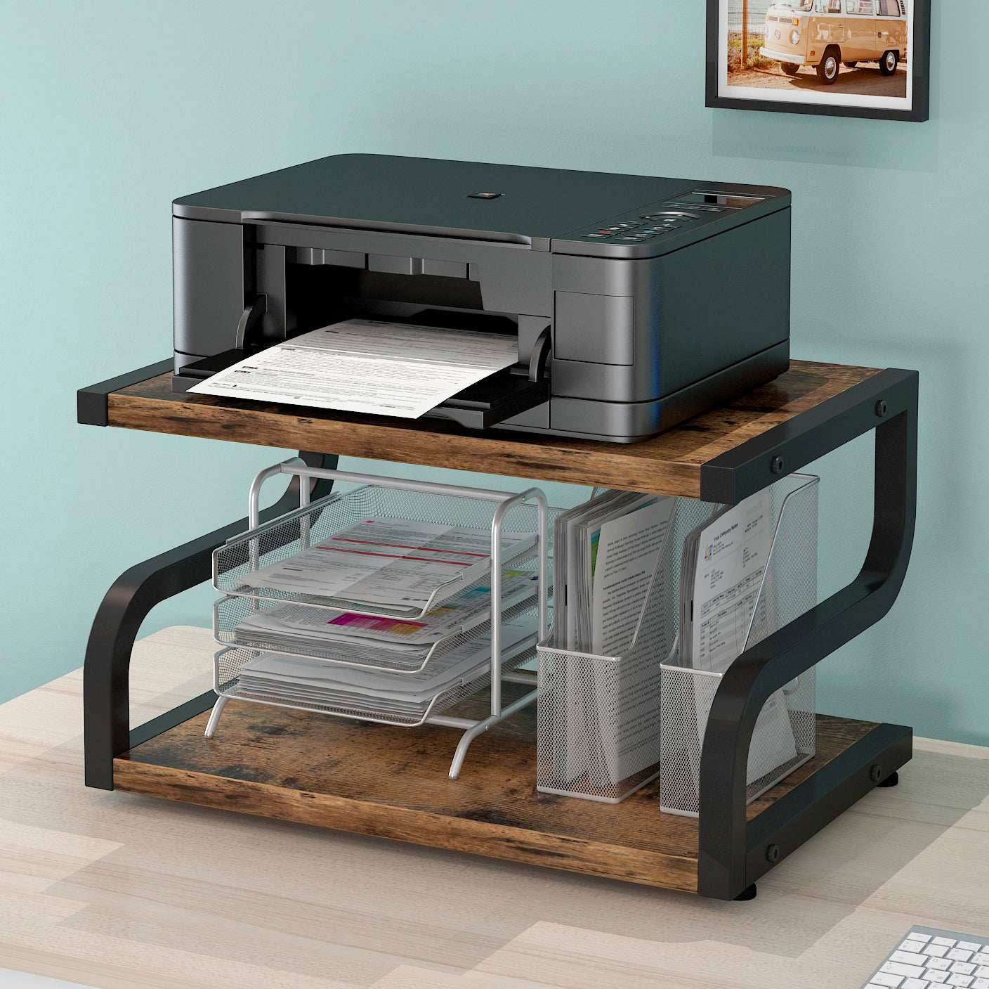 Rustic Wood and Steel Desktop Shelf Printer Stand Storage Organizer